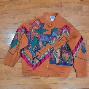 Vintage Artsy Boho Floral Bomber Jacket in Orange and Pink